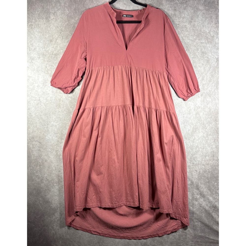 Zara Dress Womens Medium Pink Tiered Midi Dress‎ Boho V-Neck 3/4 Sleeve Cotton